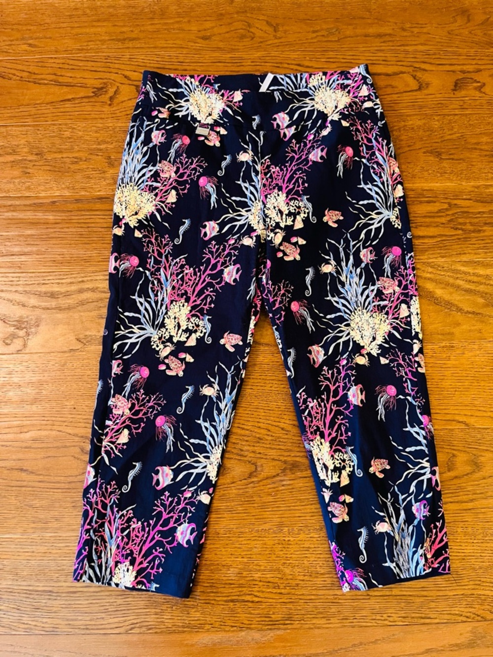 Lulu's Sea Creatures Navy Leggings‎ with Pink, Yellow & Light Blue Coral Motif